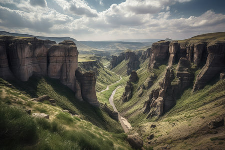 a breathtaking view of a valley surrounded by natural rock formations, created with generative aiの素材