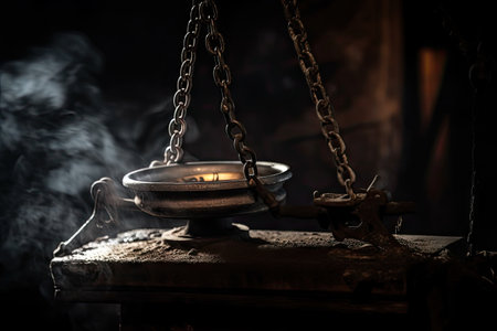 old weight hanging on a rusty scale, with dramatic lighting and smoke, created with generative aiの素材