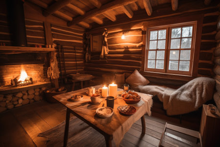 cozy cabin retreat, with crackling fire and hot chocolate on the table, created with generative aiの素材