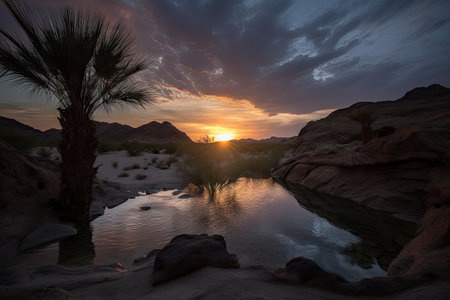 desert oasis, with view of a dramatic sunset sky, and silhouetted rocks visible in the foreground, created with generative aiの素材
