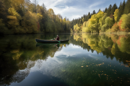 canoeist paddling on quiet lake, surrounded by nature, created with generative aiの素材