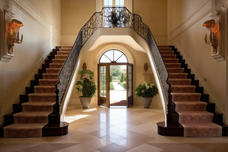 mediterranean house with grand, sweeping staircase, leading to the front door, created with generative aiの素材
