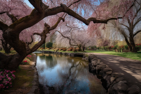 cherry blossom garden, with vibrant colors and textures, bringing serenity, created with generative aiの素材