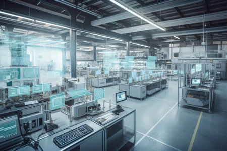 a view of a factory floor, with iot sensors and monitors tracking the production process, created with generative aiの素材