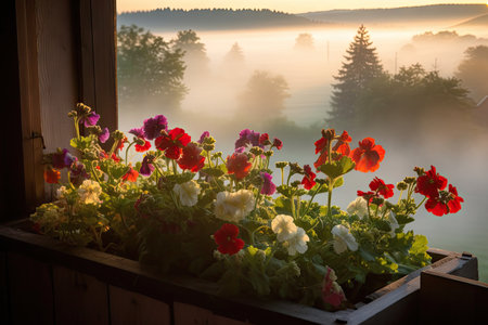 geraniums and other flowers in a window box, with misty sunrise view, created with generative aiの素材