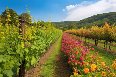 vineyard with rows of grape vines and colorful blooms, created with generative aiの素材