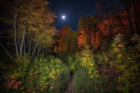 moonlit forest filled with autumn colors, and the sound of crickets in the background, created with generative aiの素材