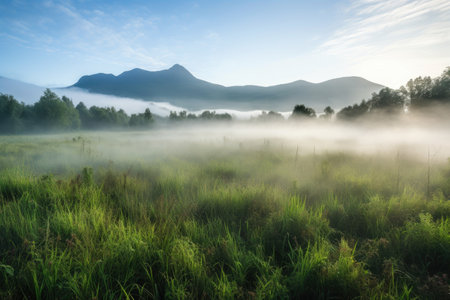 misty morning meadows with mountain range in the background, created with generative aiの素材