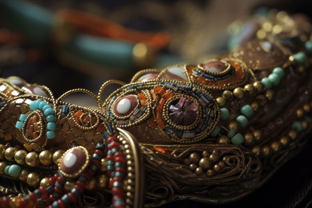 close-up of delicate jewelry, with intricate beadwork and patterns visible, created with generative aiの素材