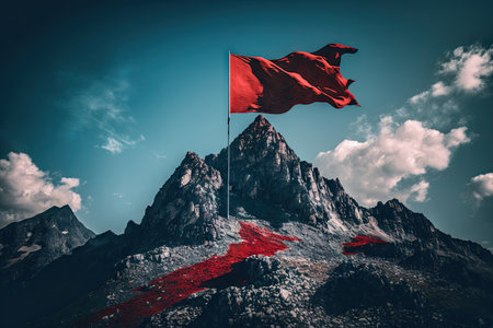 red flag fluttering atop a tall mountain peak, surrounded by deep blue skies and clouds, created with generative aiの素材
