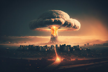 a nuclear mushroom cloud rising above a futuristic cityscape, created with generative aiの素材