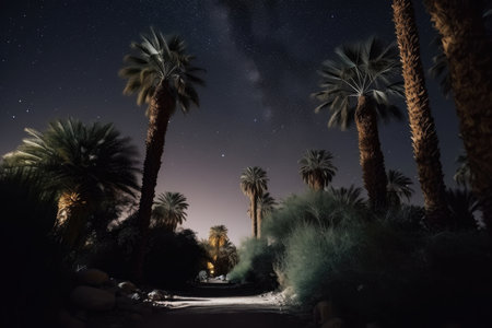 night sky with stars and moon over palm trees on desert oasis, created with generative aiの素材