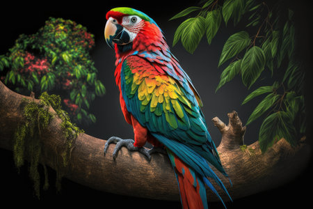 parrot perched on tree branch, surveying the jungle, created with generative aiの素材