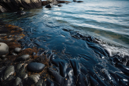 oil spill covers the surface of the ocean, creating slick and toxic environment, created with generative aiの素材