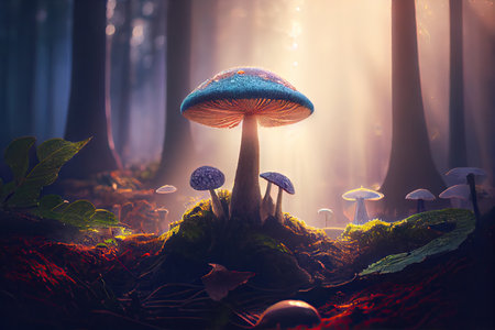 magic mushroom growing in the forest, with sunlight filtering through the trees, created with generative aiの素材