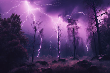 magical dark purple forest with stormy skies, lightning bolts, and thunder, created with generative aiの素材