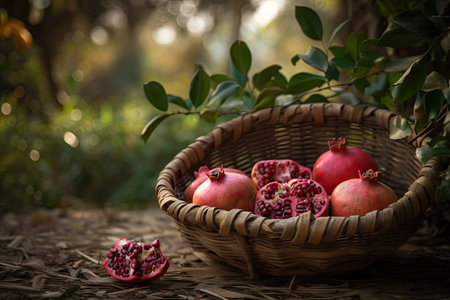 pomegranate, ripe and ready for harvest, with basket of fresh fruit in view, created with generative aiの素材