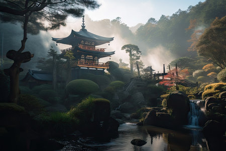 early morning mist rising above the waterfalls that surround the japanese pagoda, created with generative aiの素材