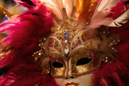 close-up of dancing queens mask, with the feathers and jewels twinkling on her face, created with generative aiの素材