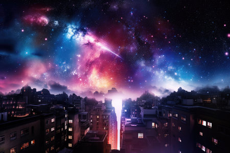 galactic cityscape with view of colorful nebula in the background, created with generative aiの素材