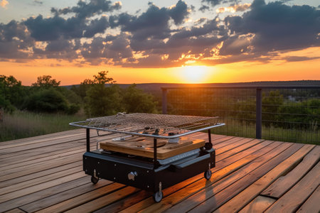 portable grill on a wooden deck with the sunset in the background, created with generative aiの素材