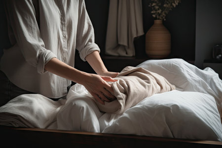 person, grabbing freshly laundered linens for their bed and getting ready for a good nights sleep, created with generative aiの素材