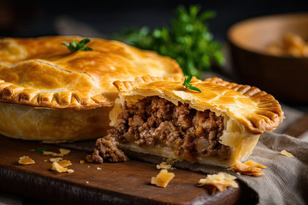 meat pie with flaky crust and golden brown fillings, created with generative aiの素材