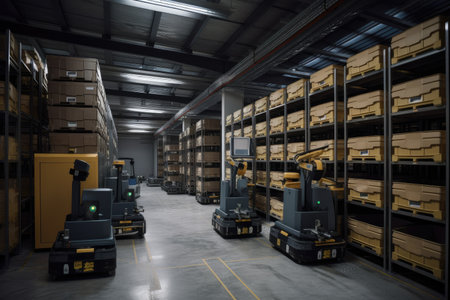 warehouse, with a variety of robots performing different tasks, such as sorting goods or loading trucks, created with generative aiの素材