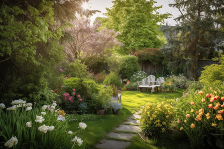 backyard full of lush greenery and blossoming flowers in spring, created with generative aiの素材