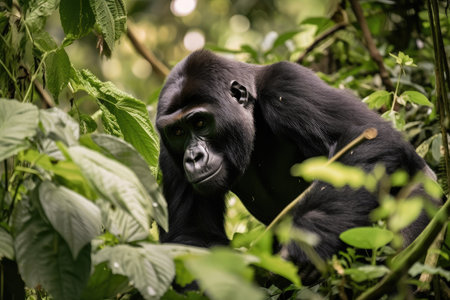 gorilla climbing through dense jungle, with vines and greenery in the background, created with generative aiの素材