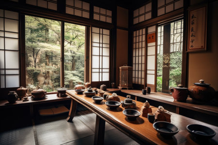 traditional japanese tea room with bamboo elements, delicate porcelain cups, and open view, created with generative aiの素材