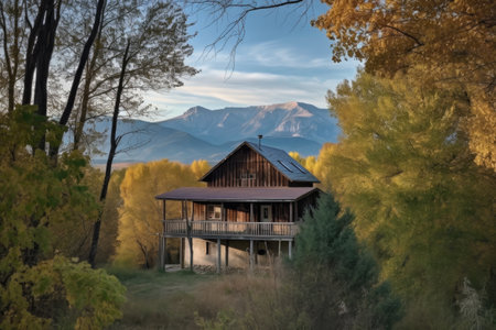cabin, with view of breath-taking mountain range, surrounded by wildlife, created with generative aiの素材