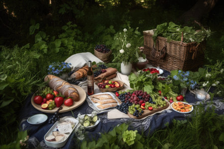 picnic dinner on a blanket, surrounded by greenery, created with generative aiの素材