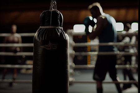 someone, punching bag with boxing gloves, in gym setting, created with generative aiの素材
