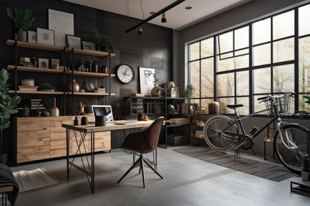 old garage, converted into stylish and functional home office with sleek furnishings and modern decor, created with generative aiの素材