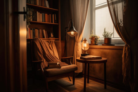 a cozy reading nook with a lamp and book, created with generative aiの素材