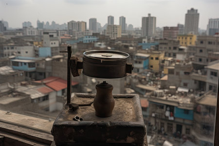 old weight on a scale, with a view of the bustling city beyond, created with generative aiの素材