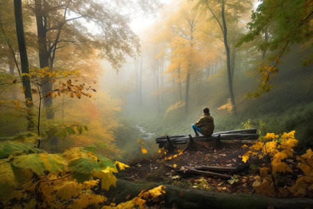 person, taking in the fresh air and tranquility of a misty autumn morning in the woods, created with generative aiの素材