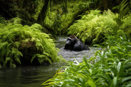 gorilla swimming in tranquil stream, surrounded by lush greenery, created with generative aiの素材