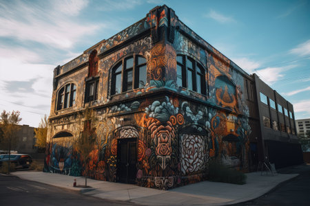 street artist spray-painting colorful and intricate designs on industrial building, created with generative aiの素材