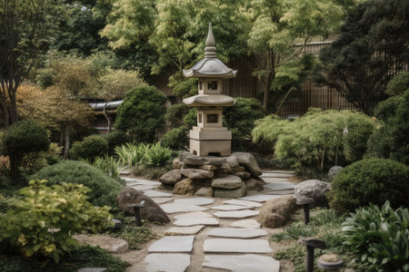 peaceful pagoda garden with carefully placed stones, lanterns, and foliage, created with generative aiの素材