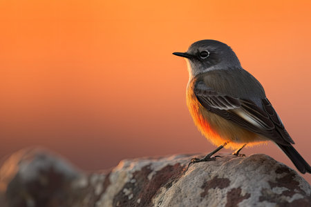 male redstart bird at sunrise, with orange and pink hues behind it, created with generative aiの素材