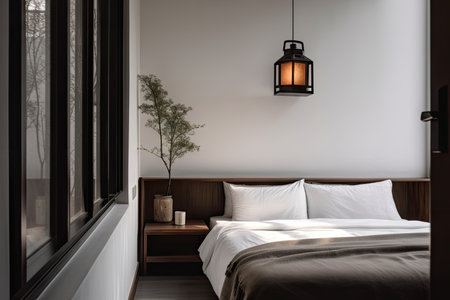 minimalist bedroom with hanging lantern and floating nightstand, created with generative aiの素材