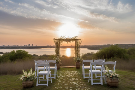 side-by-side ceremony setup with two white chairs and a view of the sunset, created with generative aiの素材