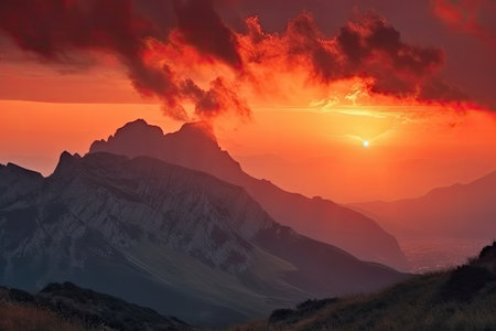 majestic mountain range in fiery sunset with clouds and mist, created with generative aiの素材