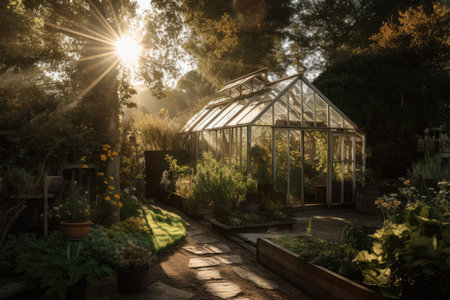 a greenhouse, surrounded by a tranquil garden, with the sun shining through, created with generative aiの素材