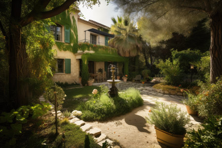 mediterranean house, with room to dine and entertain, surrounded by lush garden, created with generative aiの素材