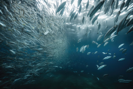 a school of fish swimming through a microplastic-filled ocean, created with generative aiの素材