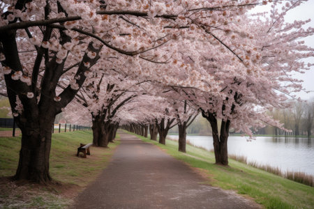 cherry blossom trees, with their pink and white blooms covering the landscape, created with generative aiの素材
