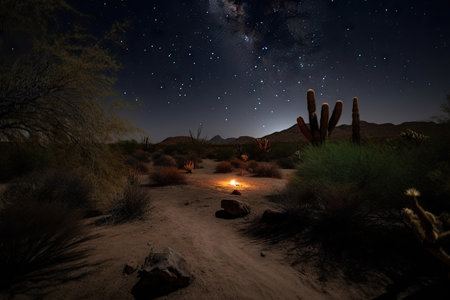 nighttime desert hike with stars and moon overhead, and distant point of light that could be a campfire, created with generative aiの素材